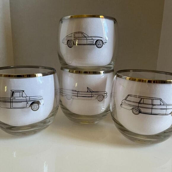 Vintage Chevrolet 1963 Promotional Roly Poly Whiskey Glasses Set Of 4 MCM - Picture 3 of 7